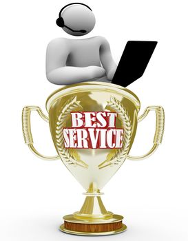 A gold trophy with a customer service person with headset and laptop computer on top of it, and the words Best Service, representing excellent customer support offered by a company