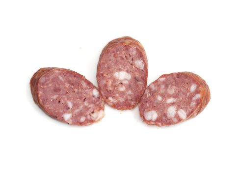 Three pieces of the sausage on white background 