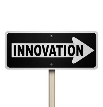 A road sign with the word Innovation pointing the way to innovative ideas, imagination and originality to solve your problem or challenge