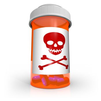 An orange prescription medicine bottle containing blue and red capsule pills and the skull and crossbones warning symbol on the label cautioning you to be careful with this dangerous medication