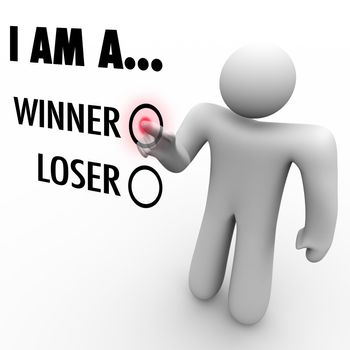 Will you choose I am a Winner or Loser?  A man at a touch screen wall chooses the word Winner to symbolize his self confidence and belief that he can and will succeed