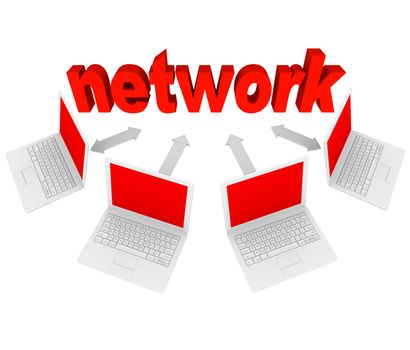 Several laptops connected with arrows to the word Network, representing a social network on the Internet