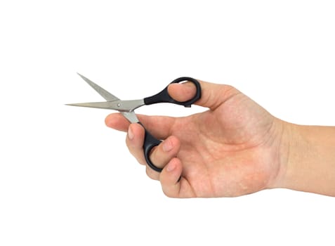 hand with hair cutting scissors, isolated on white 