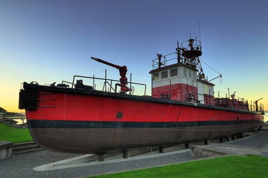 traditional fireboat on display in tacoma's historic district waterfront
