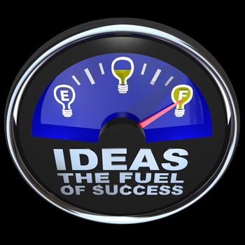 A fuel gauge with the words Ideas The Fuel of Success and the needle pointing to a full light bulb representing that the person or team is sufficiently full of ideas