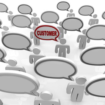 Many people speak with speech bubbles that are blank and one with the word Customer in it, representing the ability to focus on the needs of a niche targeted consumer in a crowded marketplace