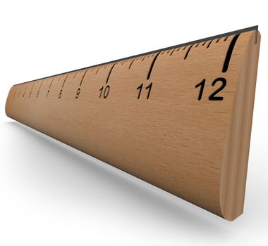 A wooden ruler with numbers and increment markings in a 3d rendering with shadow on white background