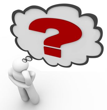 A man thinks of a question, with a question mark inside a thought cloud over his head, representing the difficult challenge of finding an answer to a tough problem or issue
