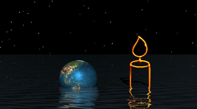 A planet is in hiding in the water and a candle which lights him