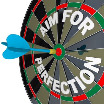 A dart hits a target bullseye on a dartboard surrounded by the words Aim for Perfection, representing the drive to succeed in sports, business and life, by giving every effort your best shot