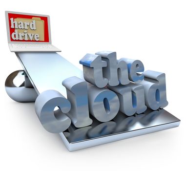 The concept of The Cloud is compared to the benefits of file storage on a computer hard drive, with a laptop on a scale and the words for cloud computing outweighing the pluses of local document, music, movie and photo saving