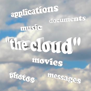 The words The Cloud in a cloudy blue sky with the types of files and programs you can store remotely over the internet such as Documents, Applications, Photos, Movies, Music and Messages