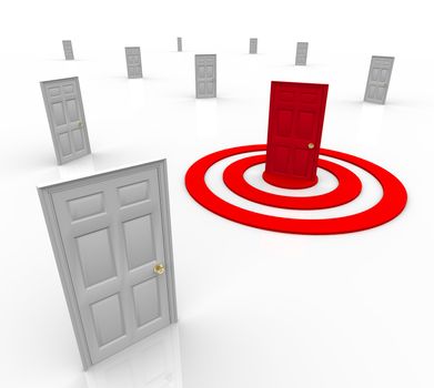 One door is red in the middle of a target bullseye, representing a customer that has been selected for advertising or marketing