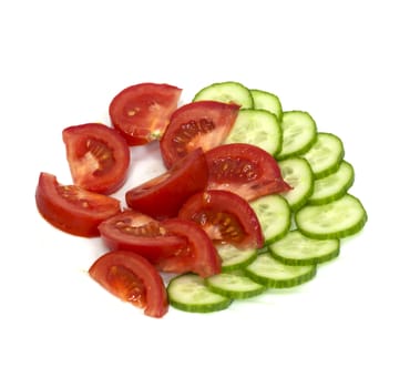 Tomatoes and cucumbers on white background 