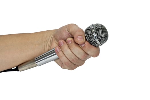 Microphone in hand isolated on white 