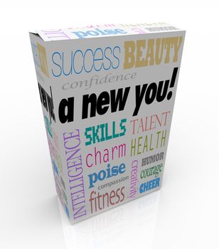A product box with with the words A New You advertising instant self improvement with qualities such as success, beauty, intelligence, confidence, charm, poise, skills, compassion, cheer, creativity, humor, health, talent, fitness, and courage