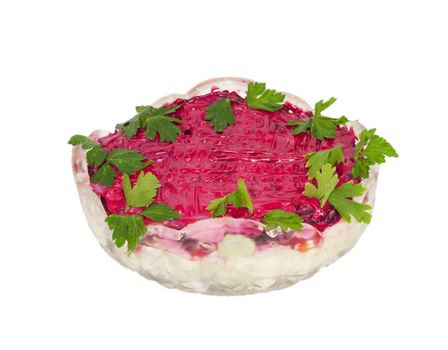 Plate of herring under a fur coat with clipping path isolated over white background 