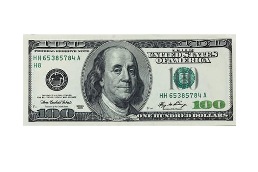 hundred dollar banknote,isolated on white with clipping path. 