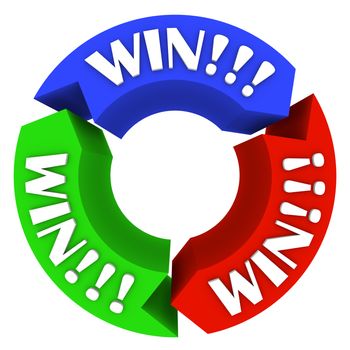The word Win repeated on three colored arrows in a circular pattern, motivating people to do their best and be successful in a game or in life