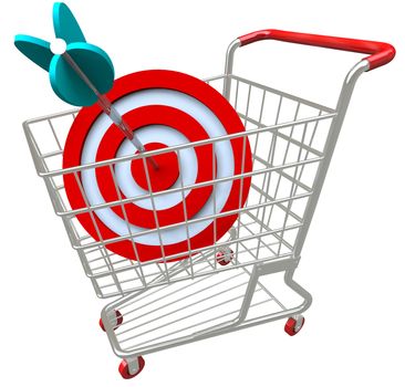 A shopping cart with a red target symbol and an arrow in the bullseye, illustrating a direct hit in targeted marketing and aiming for a niche group of customers