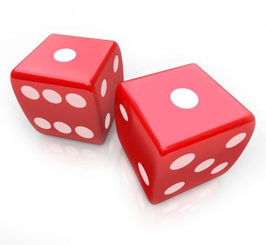 Two red dice with ones facing up symbolizing snake eyes, a score you might get in a gambing game at a casino
