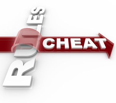 The word Cheat on an arrow jumping over the word Rules, illustrating a decption or breaking the laws that aim to make a system fair