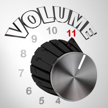 A volume dial or knob turned all the way to 11 surpassing and exceeding the normal maximum sound on a speaker or amplifier, resembling a famous scene from a mock rock documentary