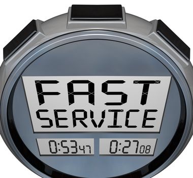 The words Fast Service on a stopwatch or timer, illustrating speedy customer support or assistance given to a consumer by a salesperson or associate at a business