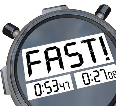 A stopwatch timer with the word Fast on its display and some race times, illustrating that the race participant has achieved a quick time