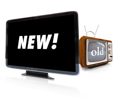 A HDTV television with the word New on its screen sits beside an old CRT TV with the world old on its display, illustrating the start contrasts between a modern LCD or plasma high definition set and an older cathode ray tube TV