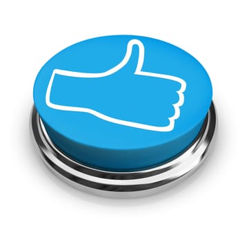 A round blue button with a thumbs up icon illustrating a positive review within a social network or other internet or public forum