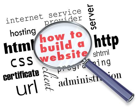 A magnifying glass hovering over several terms you might find in instructions for how to build a website, such as html programming, internet service provider, url, hosting and more