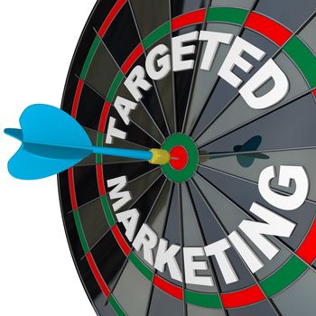 A blue dart hits a bulls-eye in the target on a dart board marked Targeted Marketing illustrating a successful advertising campaign that aims to reach a niche market