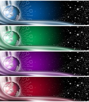 Four technologic banners or backgrounds with astral space, globe, stars and binary code