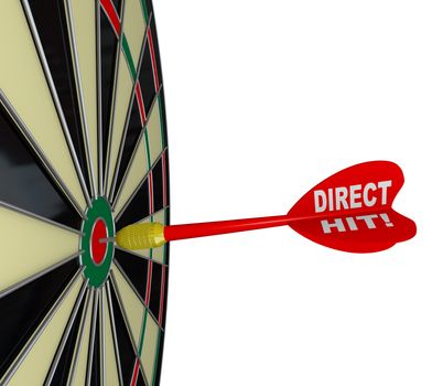 A dart marked Direct Hit gets a successful bullseye in the center red target circle on a dart board, illustrating a successful win in a competition or game, business or otherwise