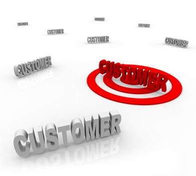 The word Customer is targeted with a bullseye surrounded by other customers, symbolizing target marketing and honing on on a niche market