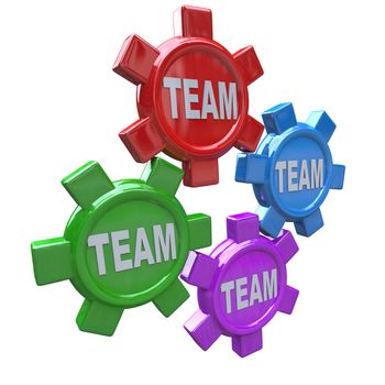 Four gears turning together in unison, representing working together or collaborative toward a common goal