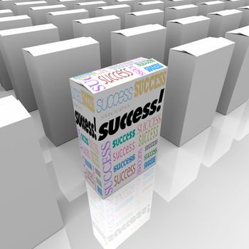 Many boxes on a store shelf, one with the word Success symbolizing a quick solution to a problem and instant victory over the competition