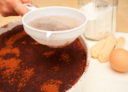 Homemade Tiramisu - Ingredients for Baking  Sugar, Eggs and Cocoa in Sifter