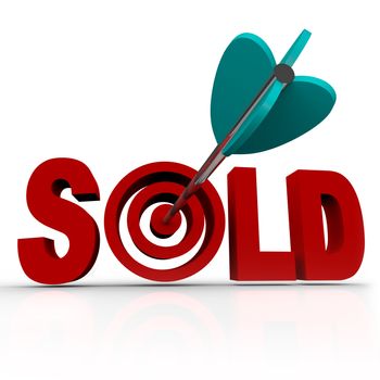 The word Sold with an arrow striking a bullseye target, representing a transaction that has been completed between a buyer and a seller, successfully transferring ownership of an object