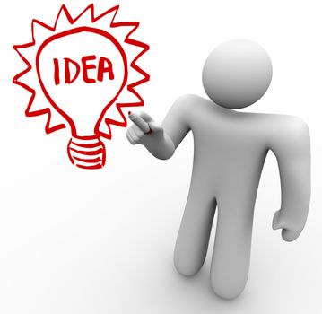 A person stands before a clear glass board and draws a light bulb with the word Idea in it as he brainstorms and thinks of an innovation that solves a problem