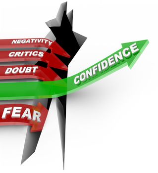 A green arrow marked Confidence rises above a chasm representing failure, while red arrows marked with negative influences such as Negativity, Critics, Doubt and Fear lead straight into the hole of despair