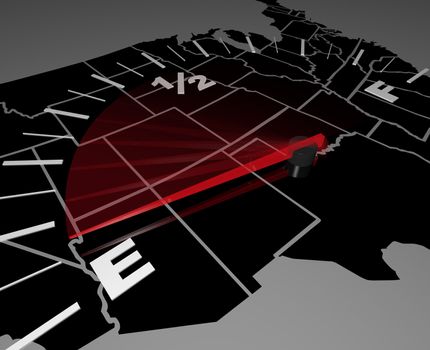 The United States map as a background for a fuel gage, with the needle pointing toward E, symbolizing the decline of USA's influence in the world due to its fading economy, stagnating population and other key factors