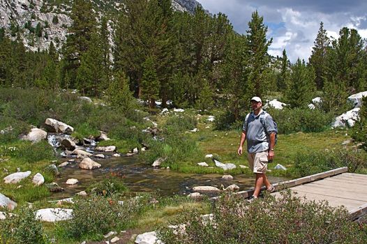 Hikers traverse the high country meadows of an alpine range