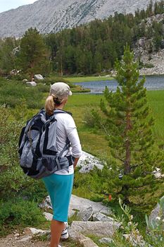 Hikers traverse the high country meadows of an alpine range