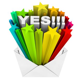 An envelope opening to reveal the word Yes, symbolizing an agreement, acceptance or approval that has been eagerly awaited