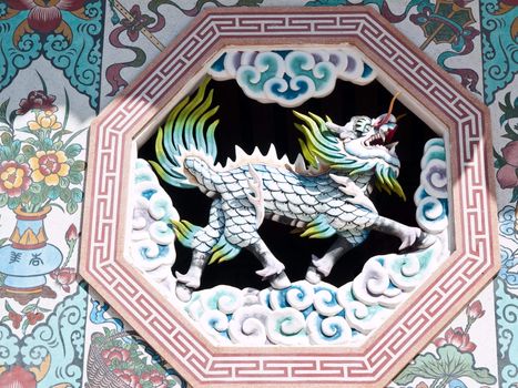 Dragon sculpture on wall of temple in Thailand