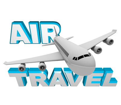 Book a flight for Air Travel, photo depicting an airplane jet soaring in front of words representing airline transportation for vacation or business getaway