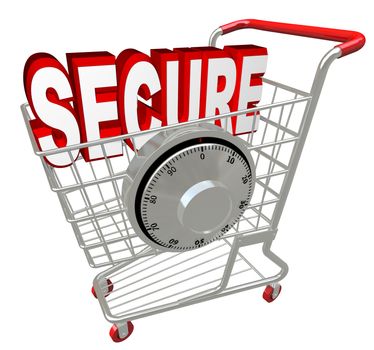 A shopping cart with the word Secure inside it and a combination lock symbolizing the protection provided by a website with security measures enacted