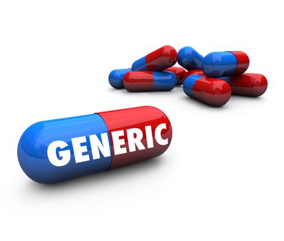 Close-up of some pills, with one featuring the words Generic to symbolize cheaper medicine for people on a budget